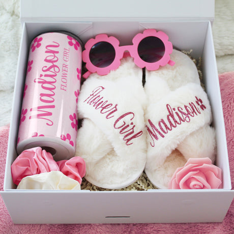 Pink flower girl proposal bundle box, thoughtful personalized gift from bride for flower girl proposals.