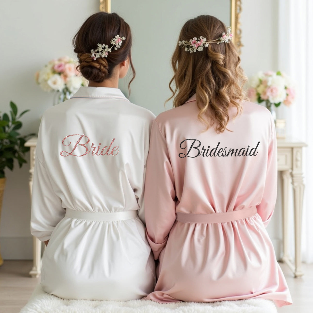 This bridesmaid robes set of 6 can be customized with text in the front and back.
