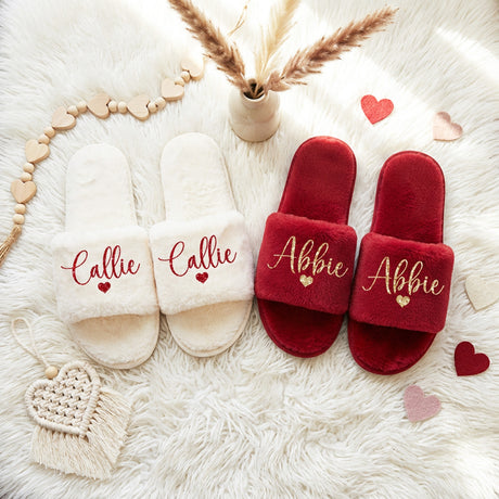 Cute, personalized Valentine's Day slippers for women with name and heart design in ivory and red color.
