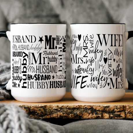 Wifey and Hubby coffee mugs for engaged couples, personalized gift mug idea.