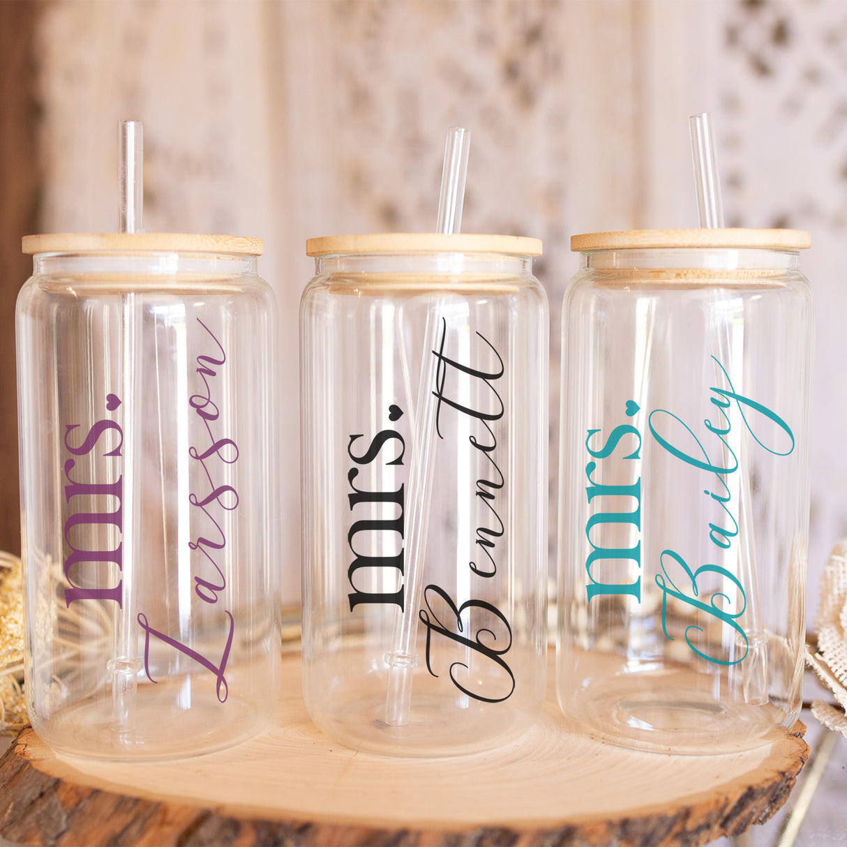 Cute custom clear iced coffee glass can with her new last name.  Text can be customized to match wedding theme.