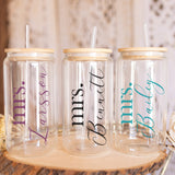 Cute custom clear iced coffee glass can with her new last name.  Text can be customized to match wedding theme.