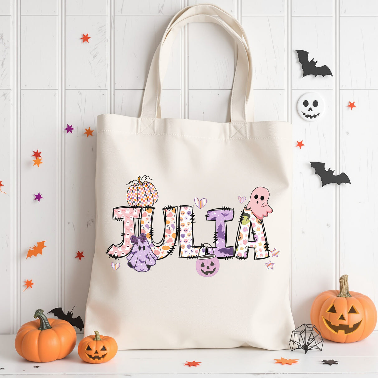 Quirky Pastel Alphabet Personalized Halloween Bag for Girls with Name, Custom Trick or Treat Bags