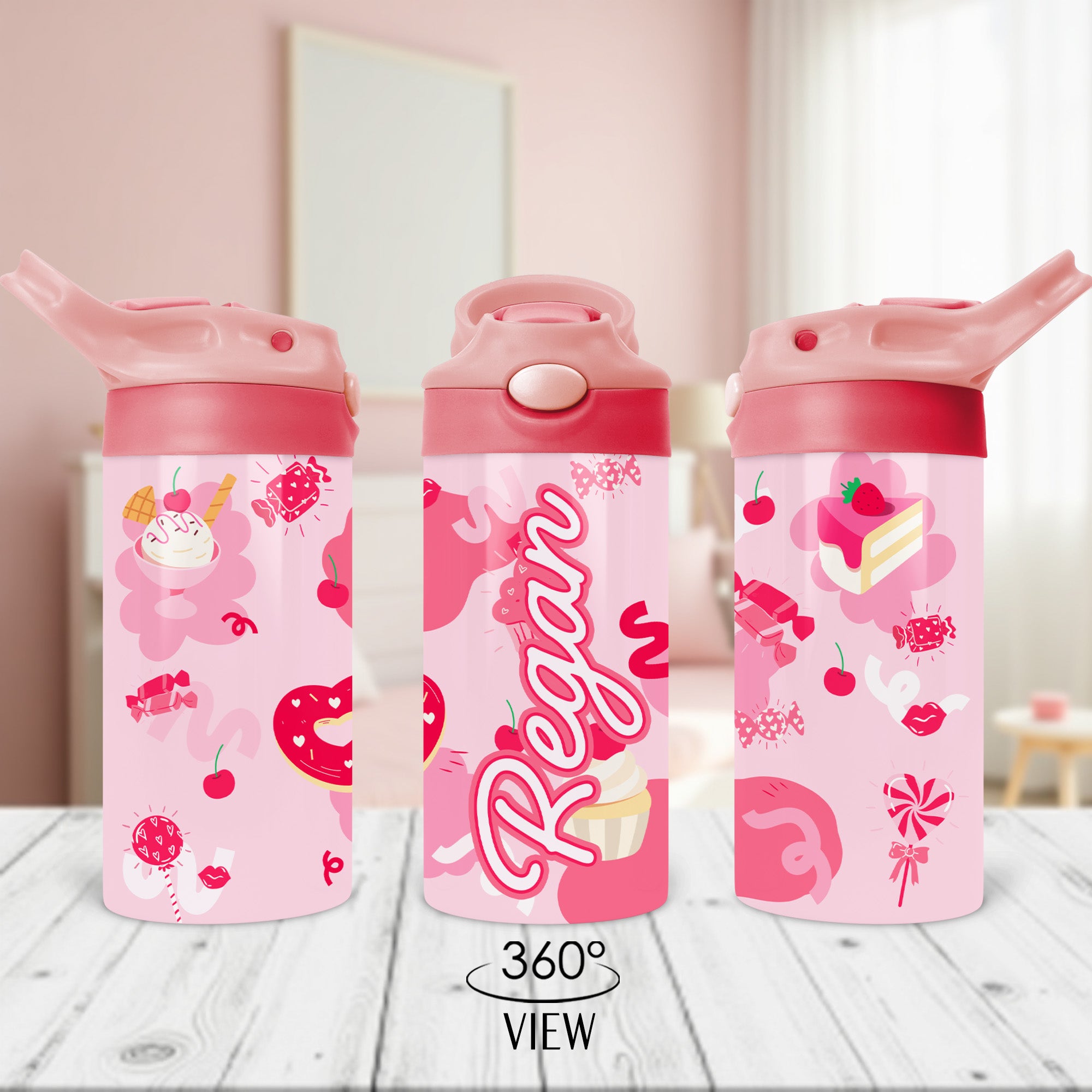 Sweet treat themed personalized water bottle for kids, ideal for back to school gifts.