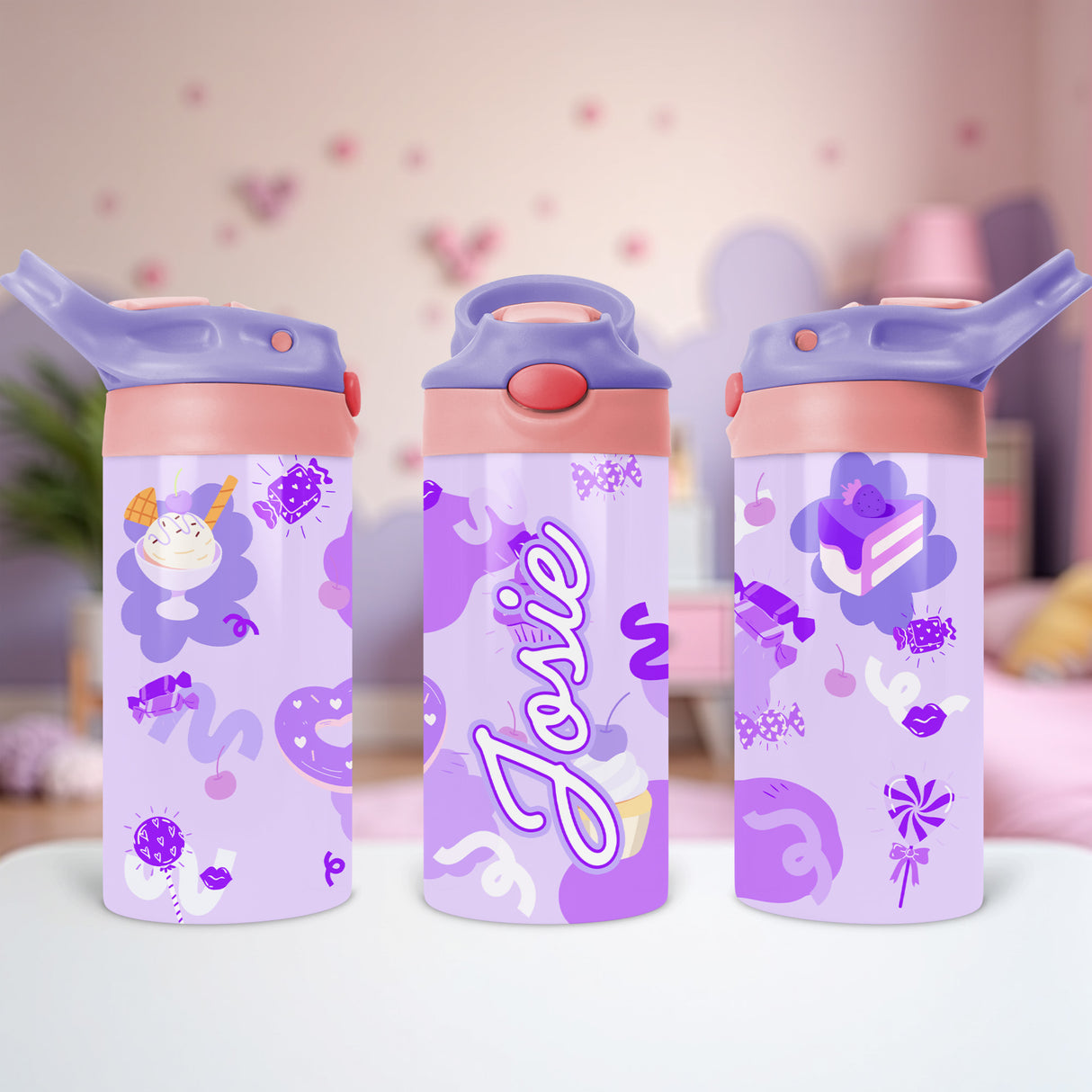 Kids personalized water bottle with fun sweet treat design, great for lunchboxes and preschool.