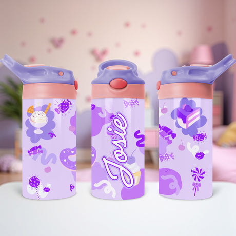 Kids personalized water bottle with fun sweet treat design, great for lunchboxes and preschool.