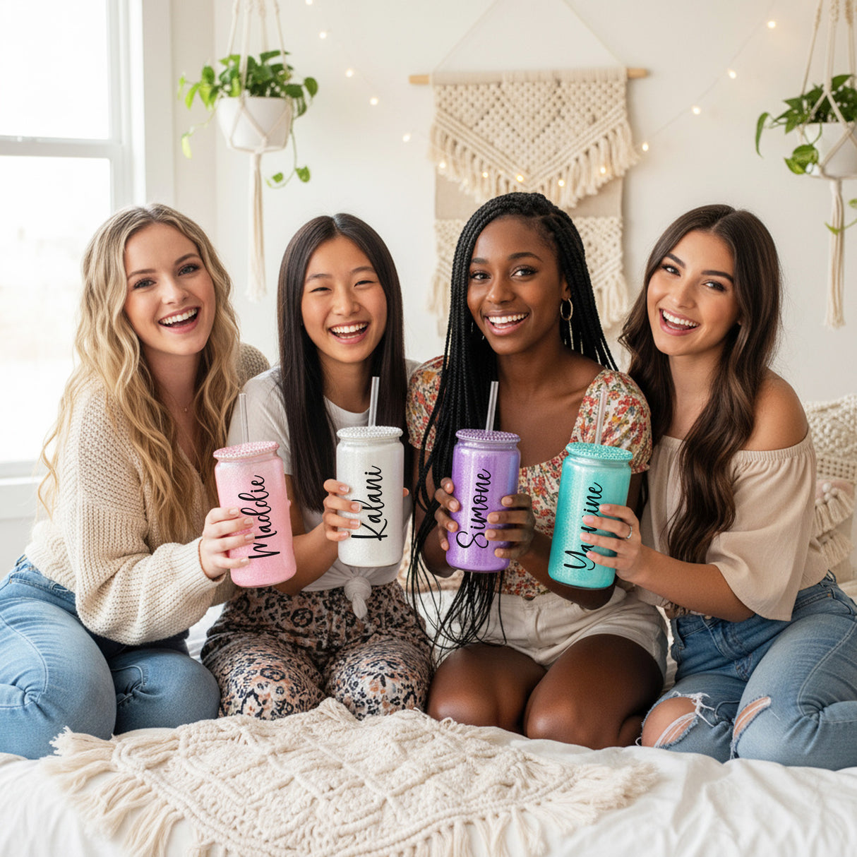 Rhinestone Glass Shimmer Cup with Straw, Custom Name, 16oz