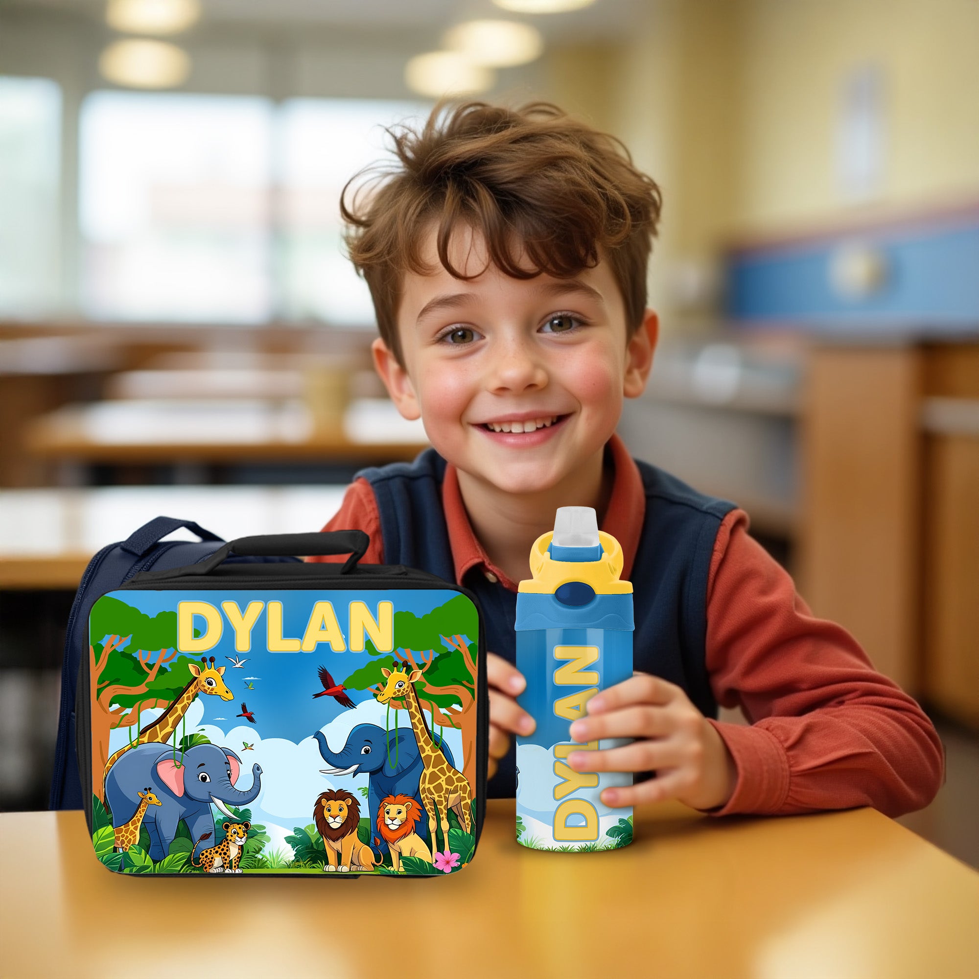 Custom back to school lunch gear featuring safari animal design lunch box and water bottle for boys.