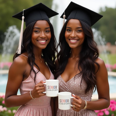 Two girls holding graduation mug in their cap and gown smiling. Exciting graduation presents for her. 