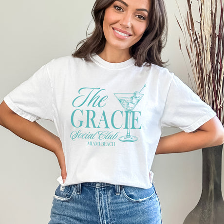 Matching party shirts customized with names and locations for bachelorette weekend or birthday party. Soft and stylish custom tees with retro Social Club logo.