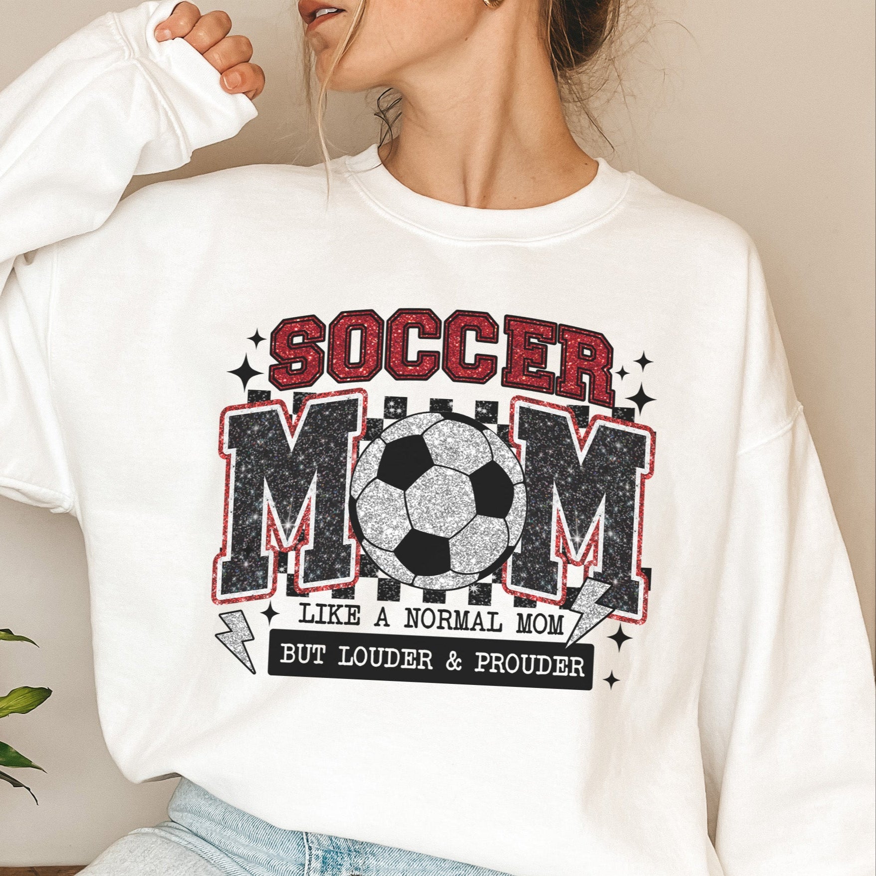 Cute soccer mom sweatshirt with modern graphic, perfect for game day and casual wear. 