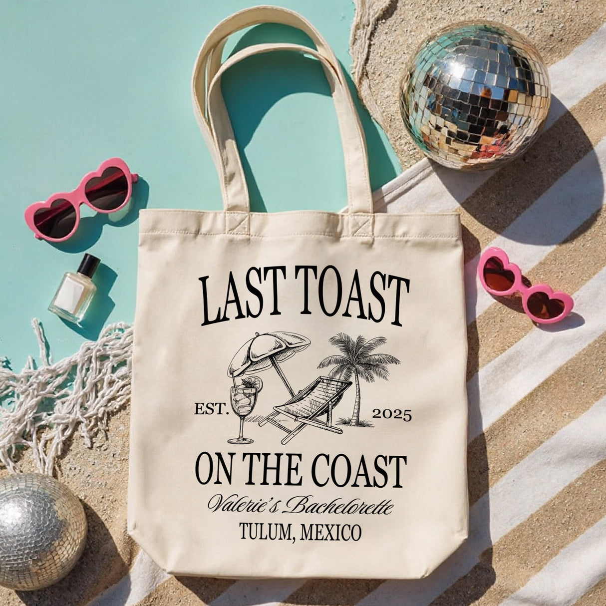 Personalized coastal bachelorette tote bag for bridesmaids and bride, ideal for beach getaway or destination wedding.