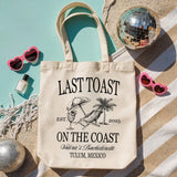 Personalized coastal bachelorette tote bag for bridesmaids and bride, ideal for beach getaway or destination wedding.