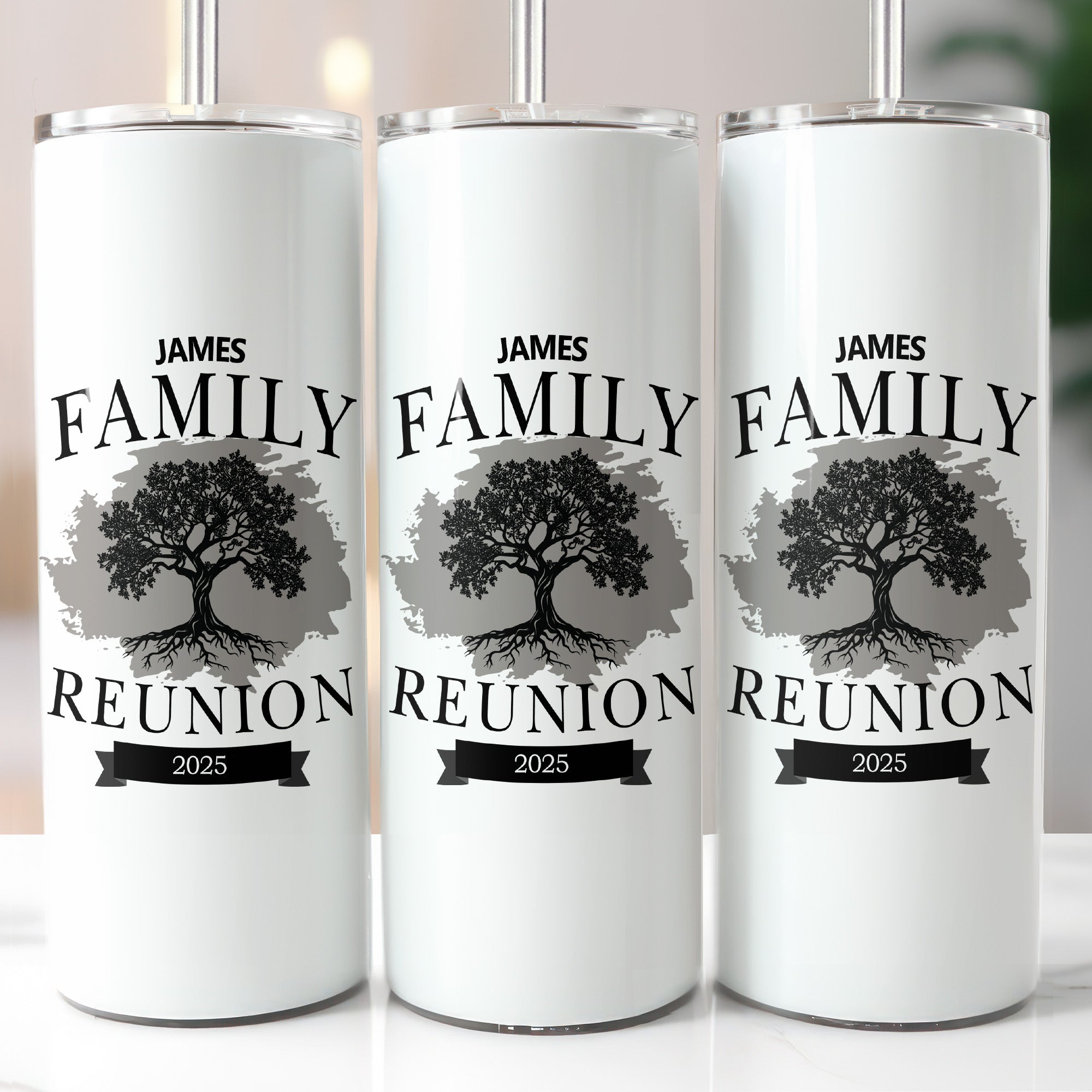 Custom name tumbler featuring a detailed family tree design, perfect for family reunion drinkware, personalized gifts, and memorable event keepsakes.