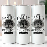 Custom name tumbler featuring a detailed family tree design, perfect for family reunion drinkware, personalized gifts, and memorable event keepsakes.