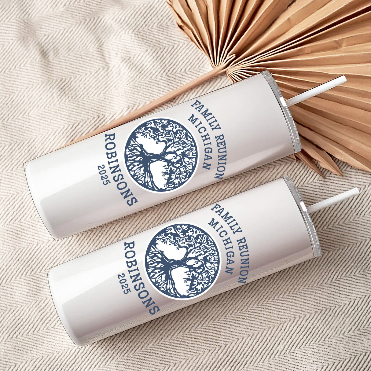 A personalized family tree tumbler featuring custom text, perfect for family reunion keepsakes and unique gift ideas.