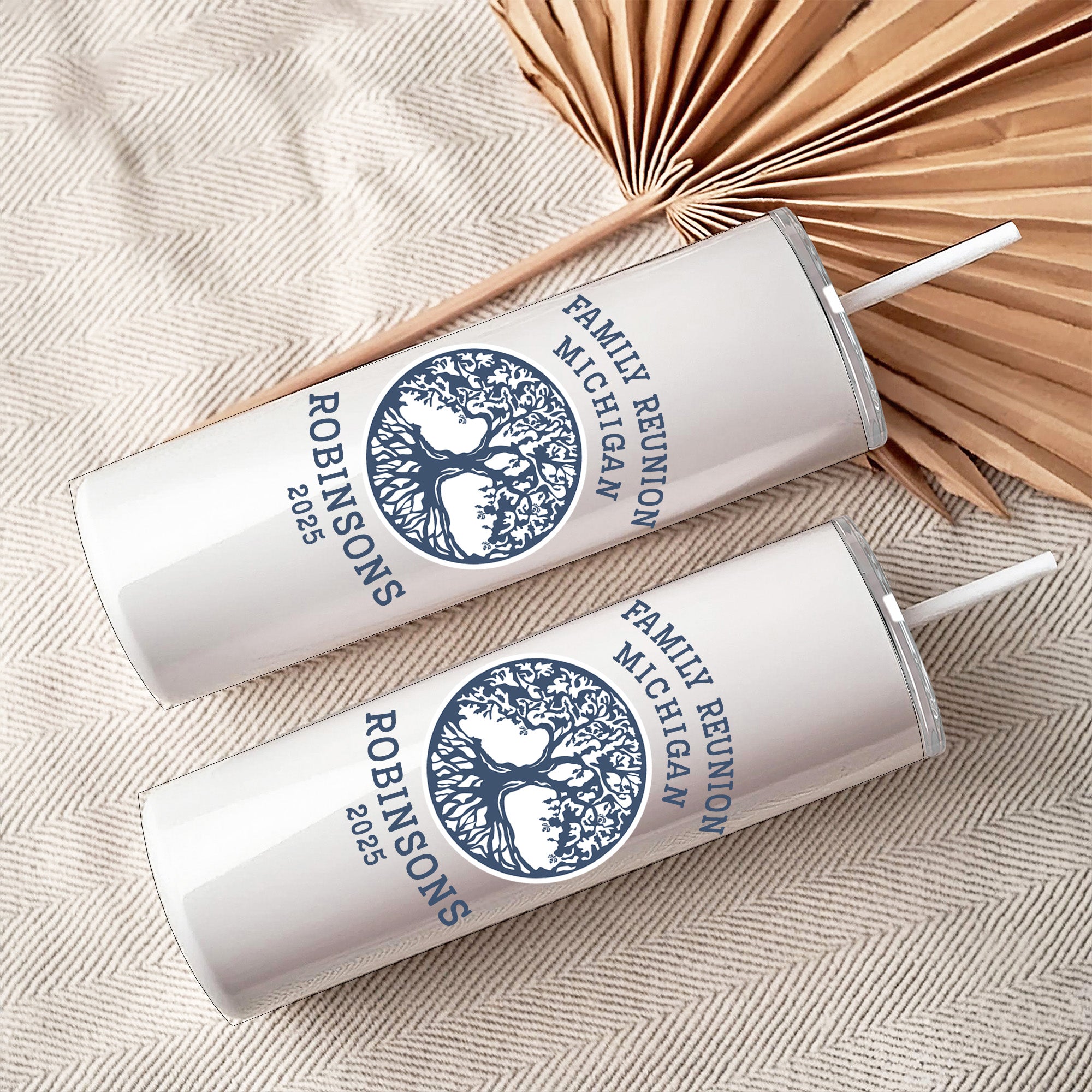 A personalized family tree tumbler featuring custom text, perfect for family reunion keepsakes and unique gift ideas.