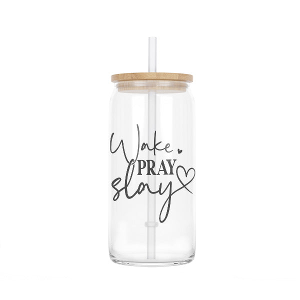 Clear 16oz Glassware that best serves as a Christian or Religious gift. This glass tumbler comes with a bamboo lid and straw.