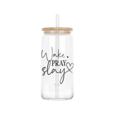 Clear 16oz Glassware that best serves as a Christian or Religious gift. This glass tumbler comes with a bamboo lid and straw. allSKUs.