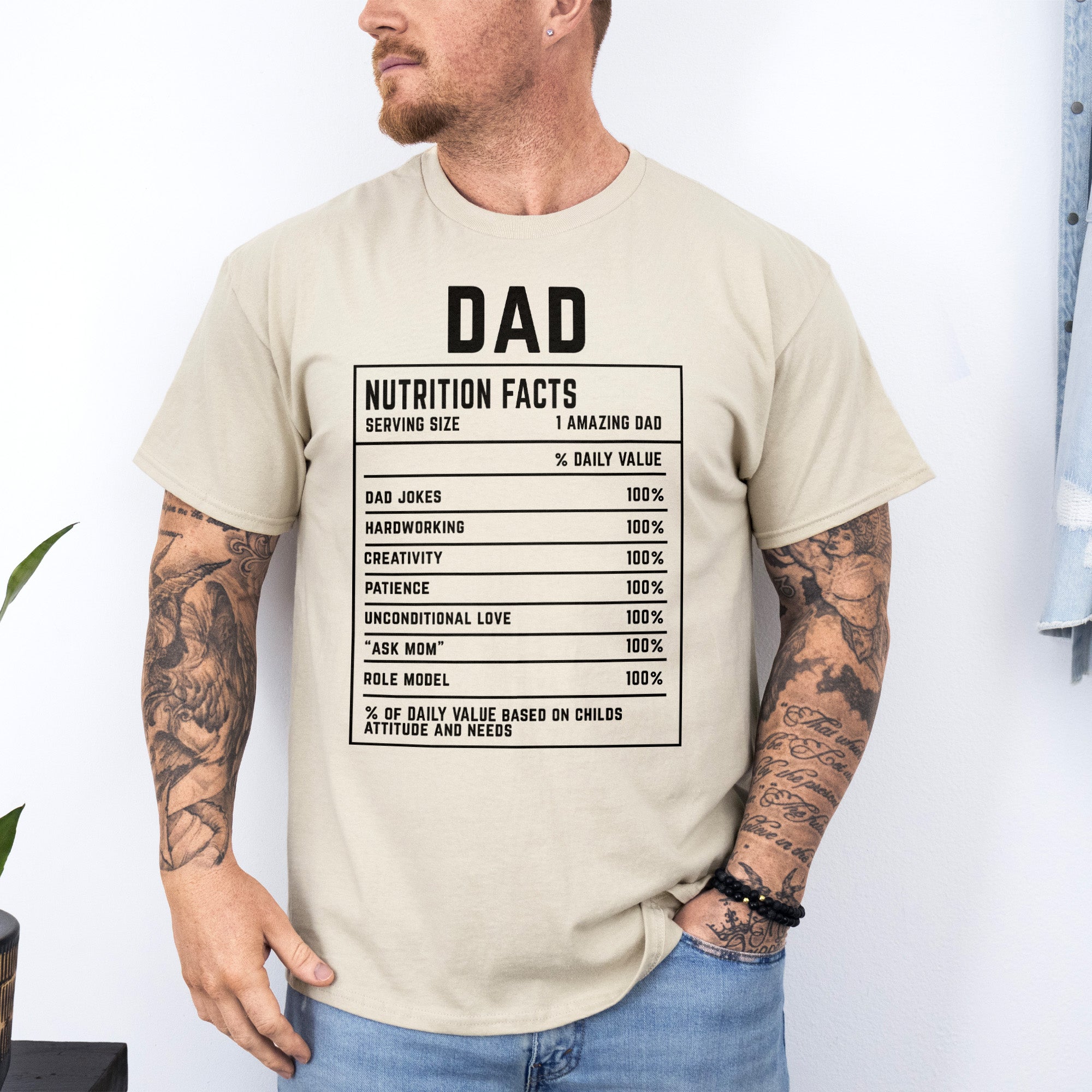 Funny dad t-shirt with nutrition label design. The ideal personalized gift for Father’s Day, dad's birthday, or Christmas gifts for dad.