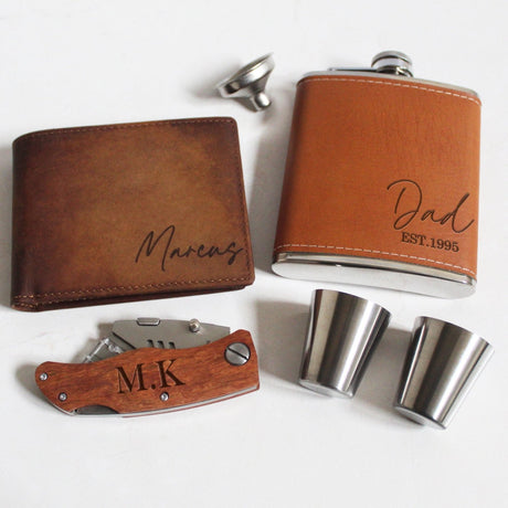 Unique gift ideas for dad from kids packaged in a custom gift box with engraved keepsakes for all occasions.