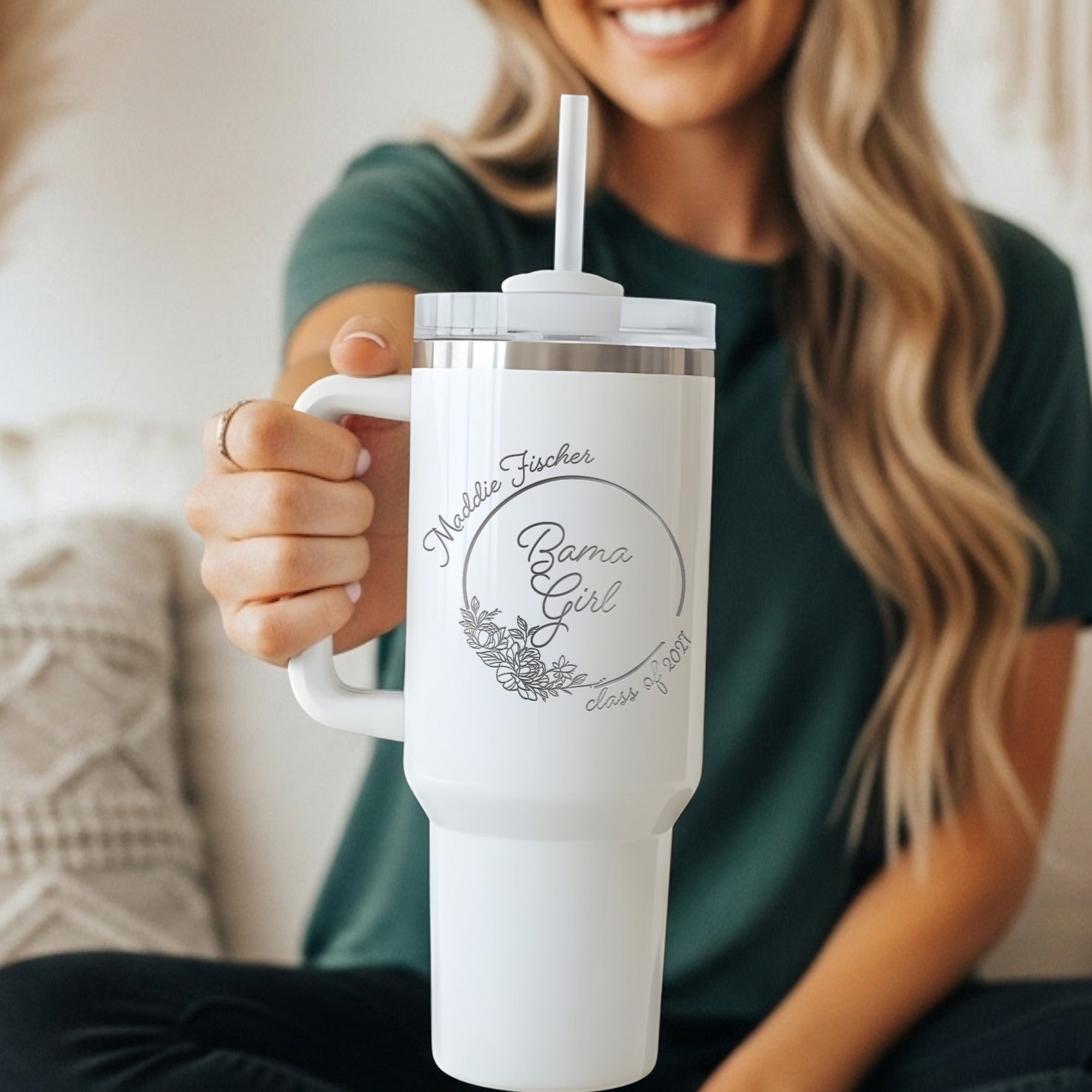 40oz floral custom college tumbler for her, personalized with name, school and graduation year. This 40oz tumbler makes a great custom gift for college students.