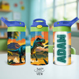 Personalized back to school gift idea, dinosaur flip top water bottle. Cute dinosaur cup for school.