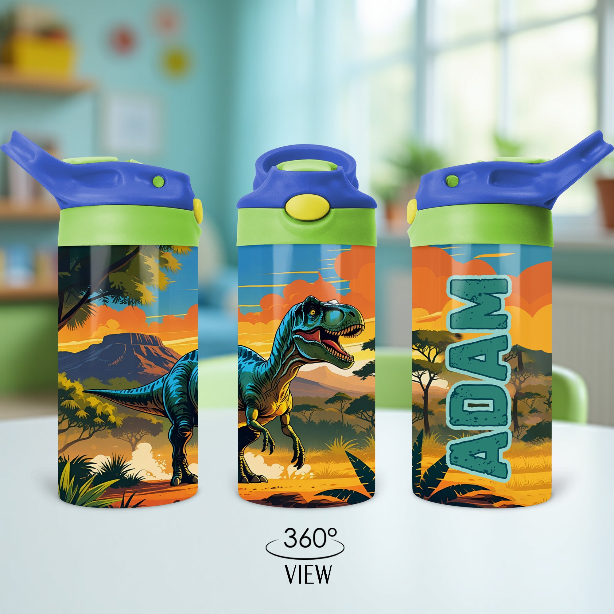 Personalized back to school gift idea, dinosaur flip top water bottle. Cute dinosaur cup for school.