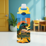 Back to school kids water bottle with fun dinosaur design. Reusable dino water bottle with flip top.