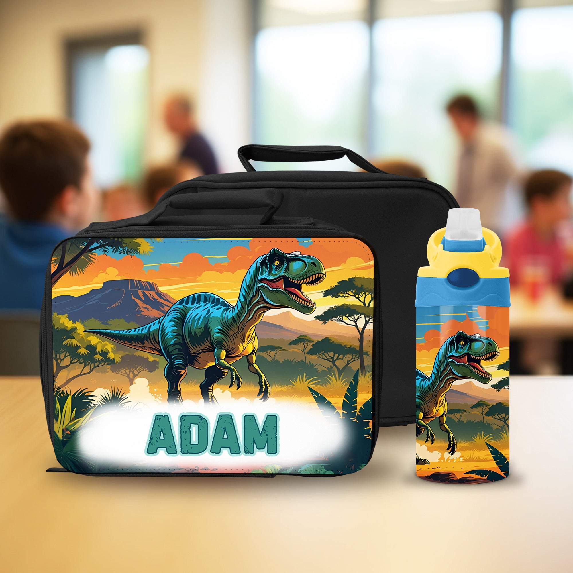 Custom dinosa.ur lunch box with name and matching water bottle for preschool and elementary school boys