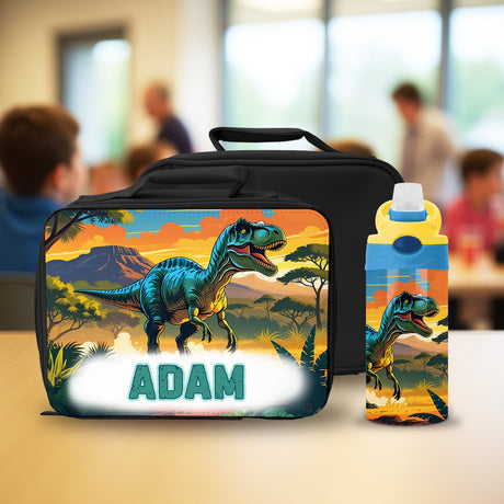 Custom dinosa.ur lunch box with name and matching water bottle for preschool and elementary school boys