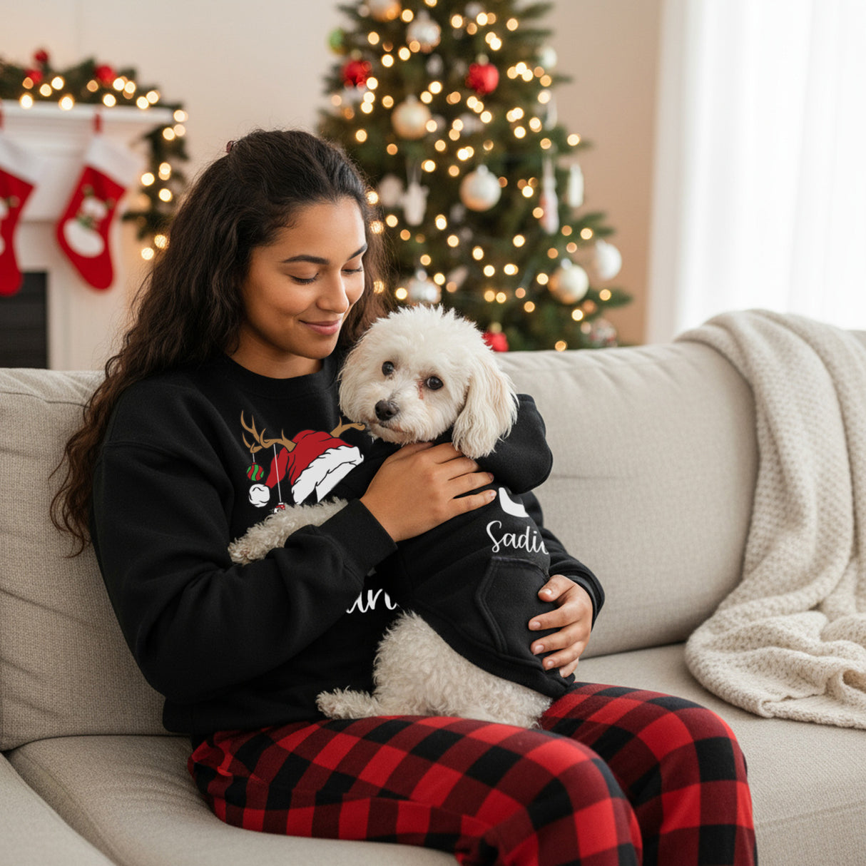Reindeer Initial Personalized Dog Christmas Outfit with Name, Hoodies, Bandanas & Tanks, Sizes XS-3XL