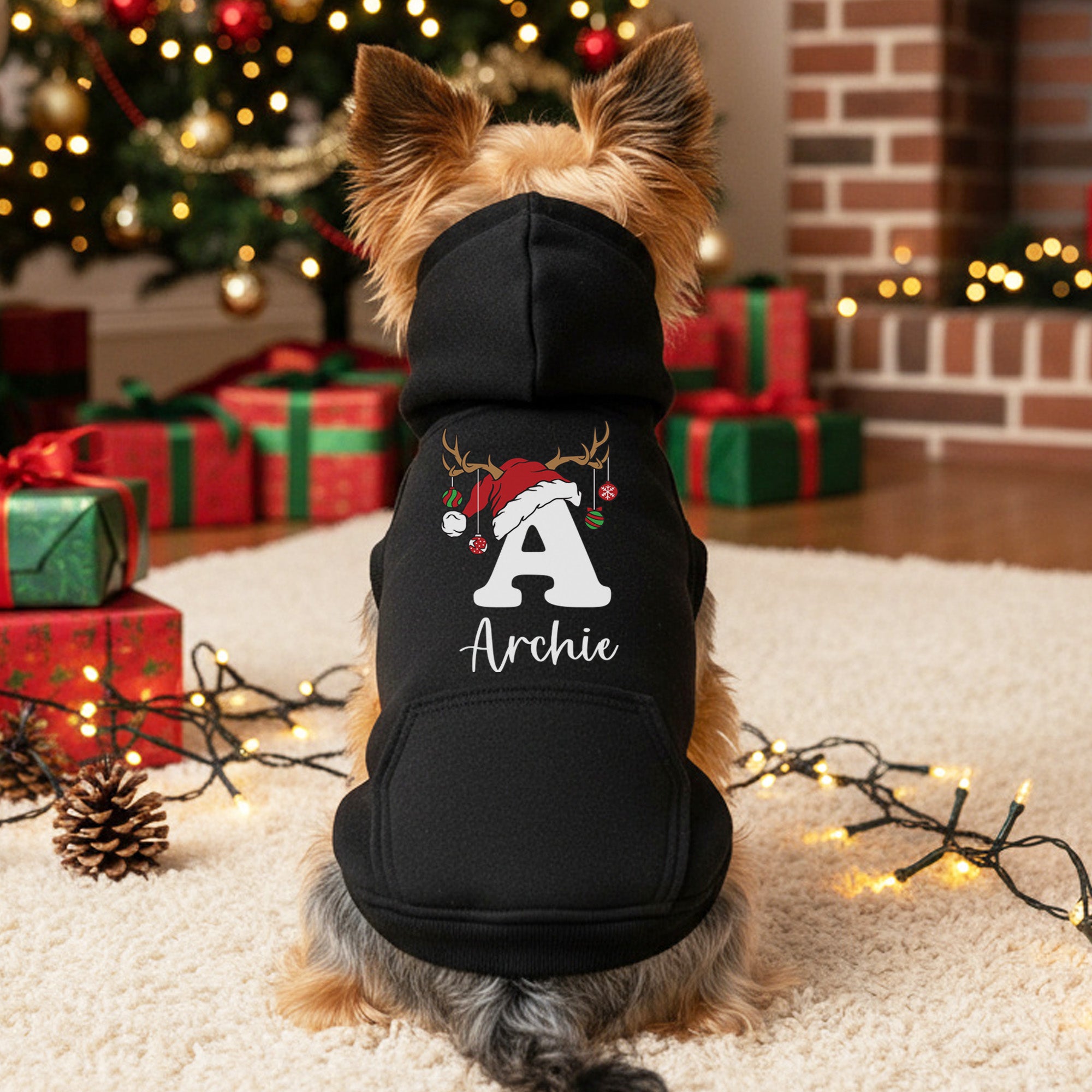 Reindeer Initial Personalized Dog Christmas Outfit with Name, Hoodies, Bandanas & Tanks, Sizes XS-3XL