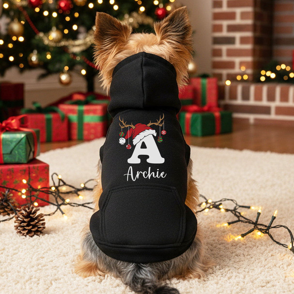 Reindeer Initial Personalized Dog Christmas Outfit with Name, Hoodies, Bandanas & Tanks, Sizes XS-3XL