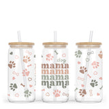 Alternate view showing our dog mama design on a clear iced coffee glass cup.