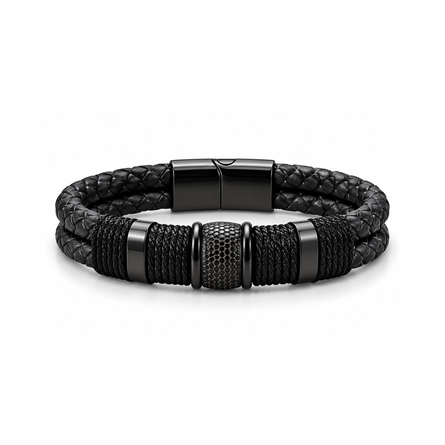 Double Layer Woven Leather Rope Bracelet for Men in 3 Lengths, Black - Gifts Are Blue