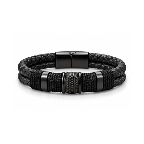 Double Layer Woven Leather Rope Bracelet for Men in 3 Lengths, Black - Gifts Are Blue