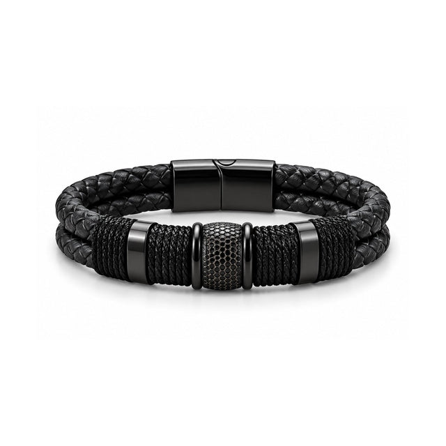 Double Layer Woven Leather Rope Bracelet for Men in 3 Lengths, Black - Gifts Are Blue
