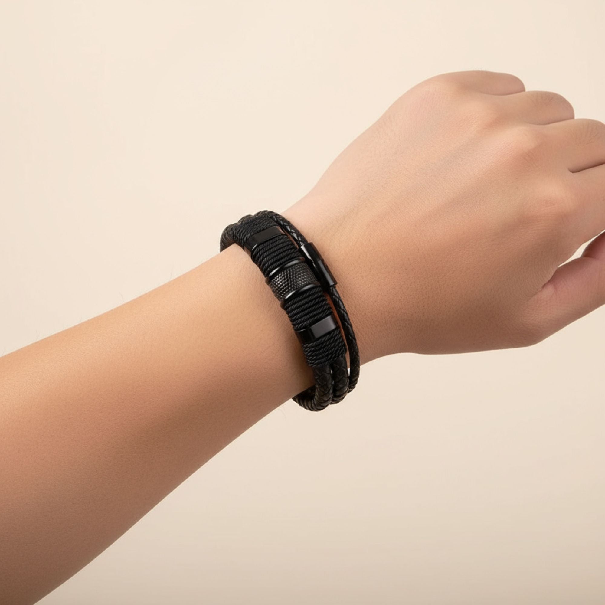 Double Layer Woven Leather Rope Bracelet for Men in 3 Lengths, Black