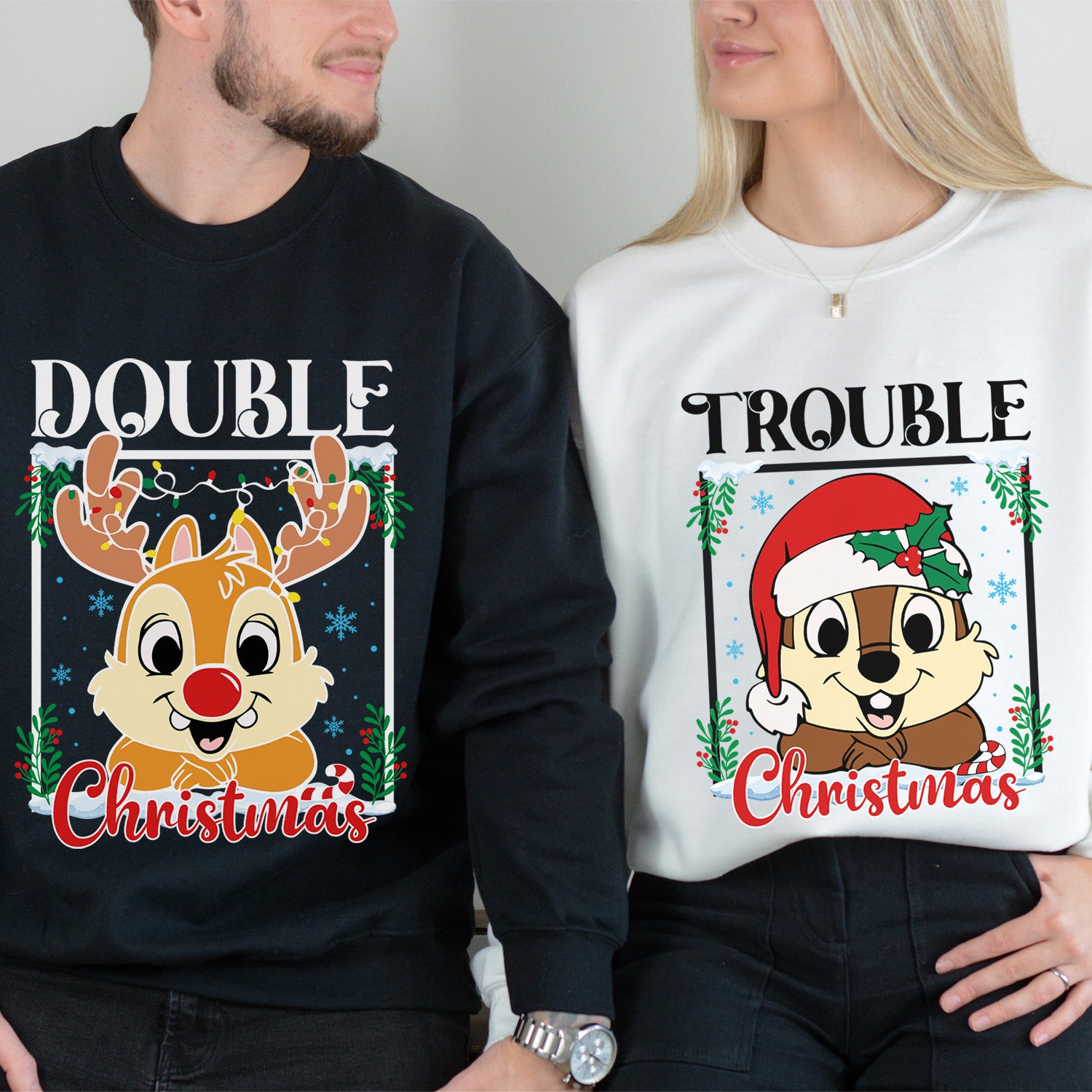 Cute and Humourous Matching Double Trouble Christmas Sweatshirt for All Ages