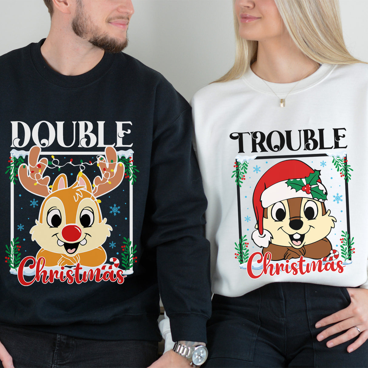 Cute and Humourous Matching Double Trouble Christmas Sweatshirt for All Ages