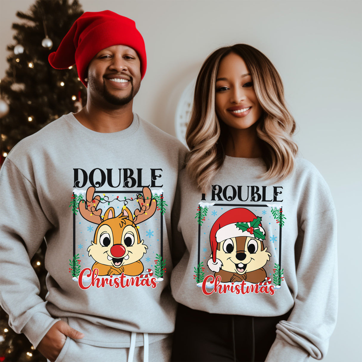 Cute and Humourous Matching Double Trouble Christmas Sweatshirt for All Ages