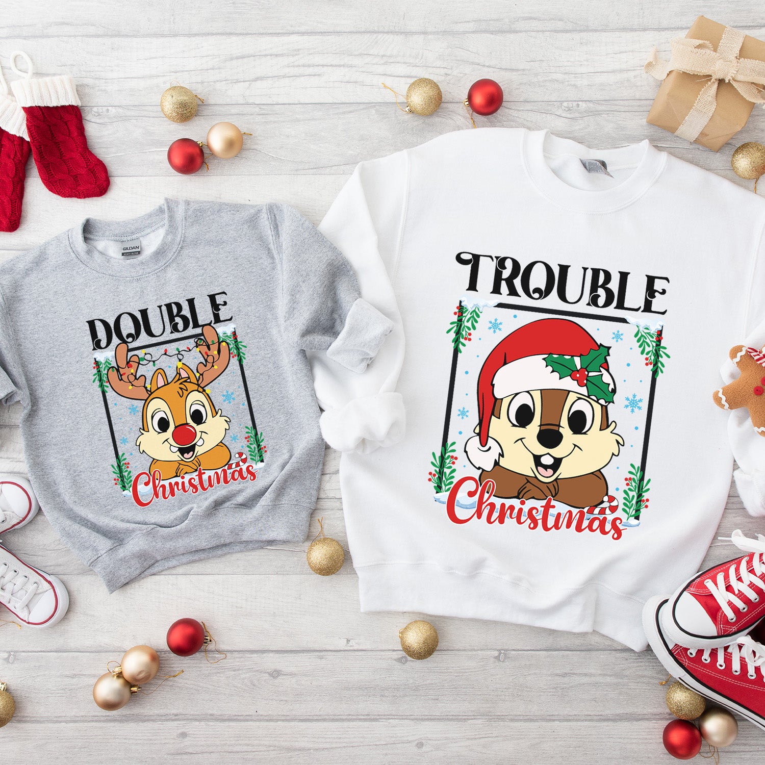 Cute and Humourous Matching Double Trouble Christmas Sweatshirt for All Ages