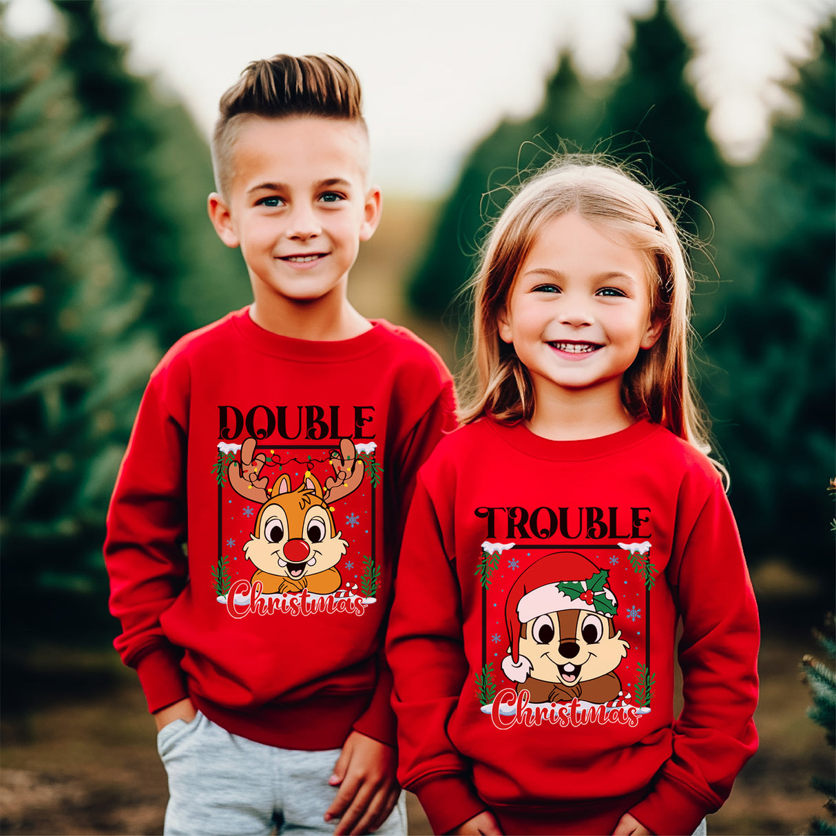 Cute and Humourous Matching Double Trouble Christmas Sweatshirt for All Ages
