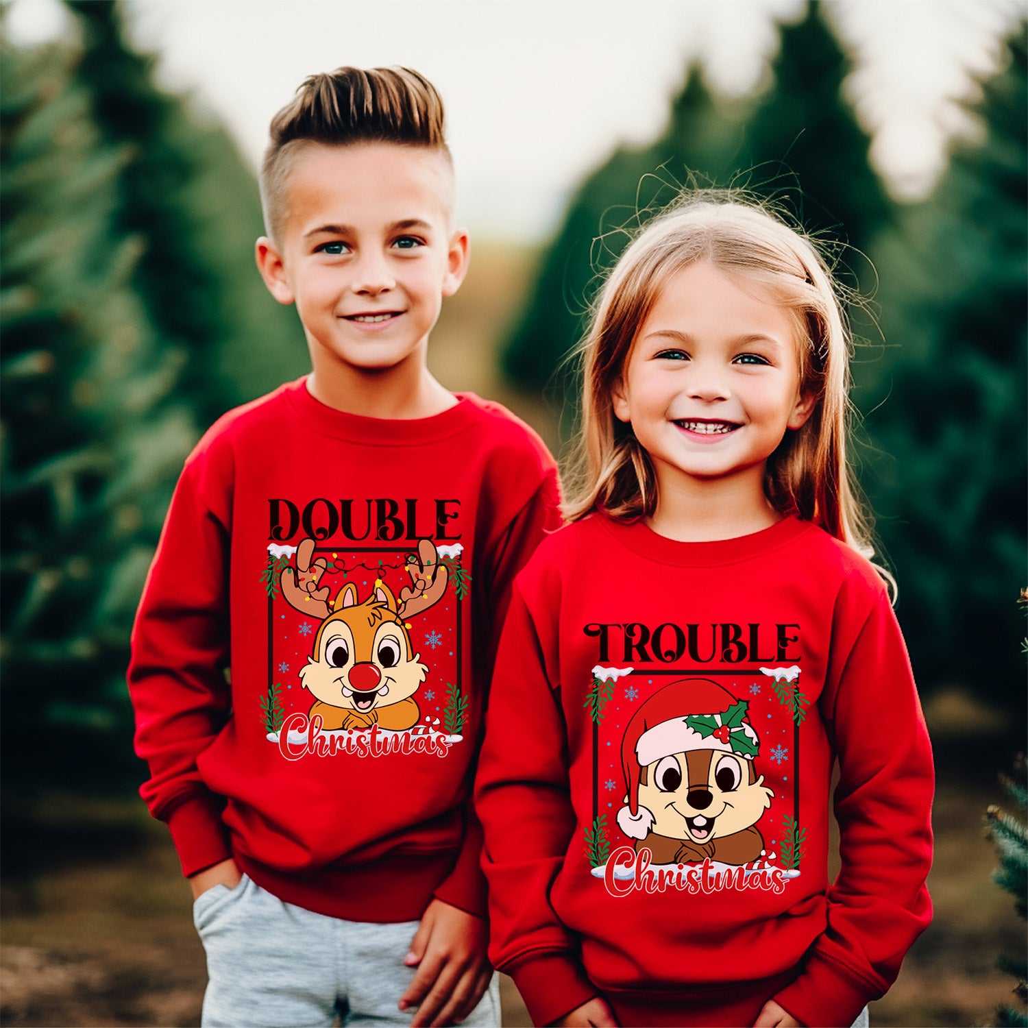 Cute and Humourous Matching Double Trouble Christmas Sweatshirt for All Ages