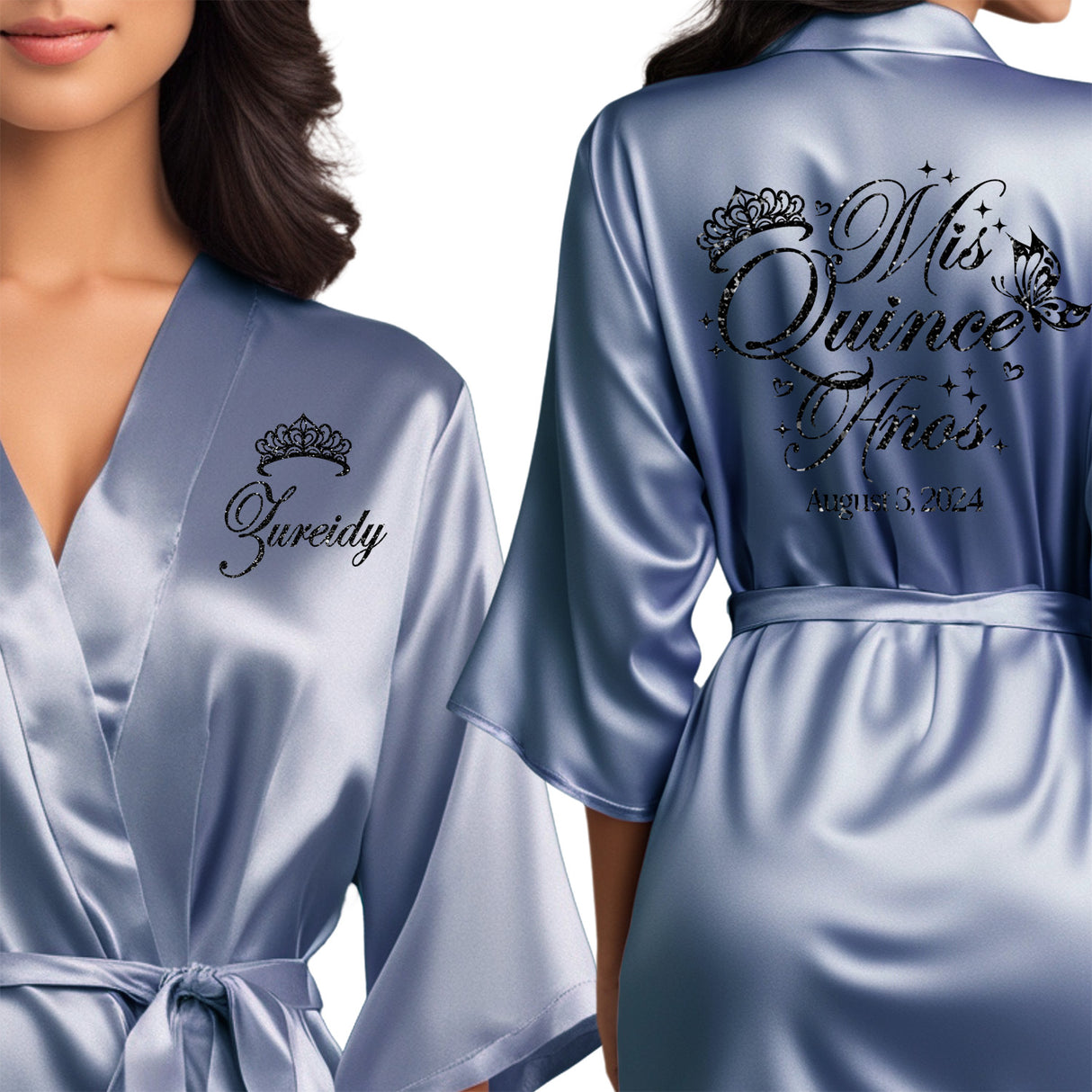 Beautiful personalized dusty blue satin quinceanera robes. The perfect getting ready mis quince anos robes with glitter designs. Pretty quinceanera gifts.