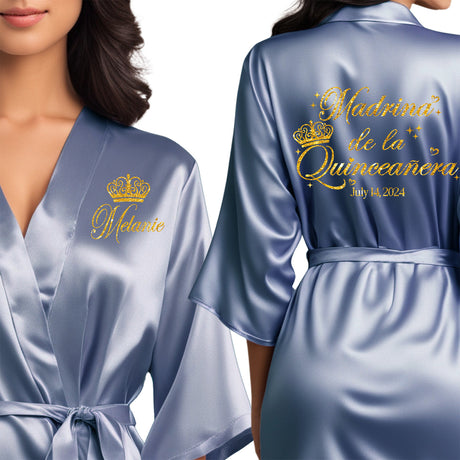 Satin dusty blue quince robes with gold glitter. Madrina de la quinceanera getting ready robes.