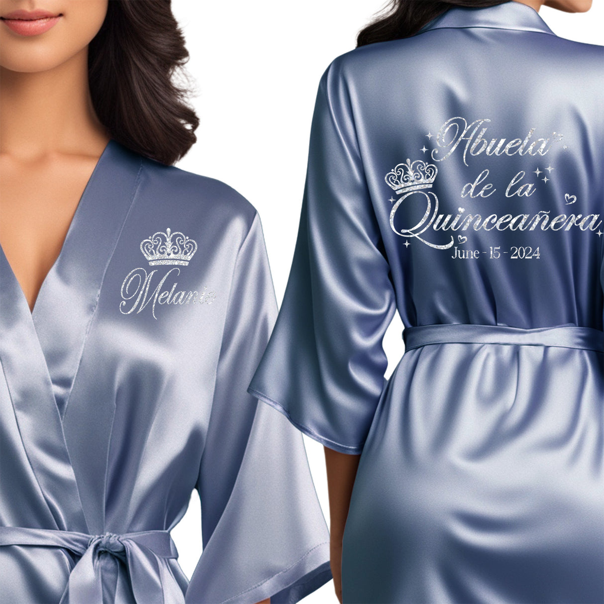 Front and back personalized satin quinceanera robes at knee length. Abuela de la quinceanera getting ready robes.