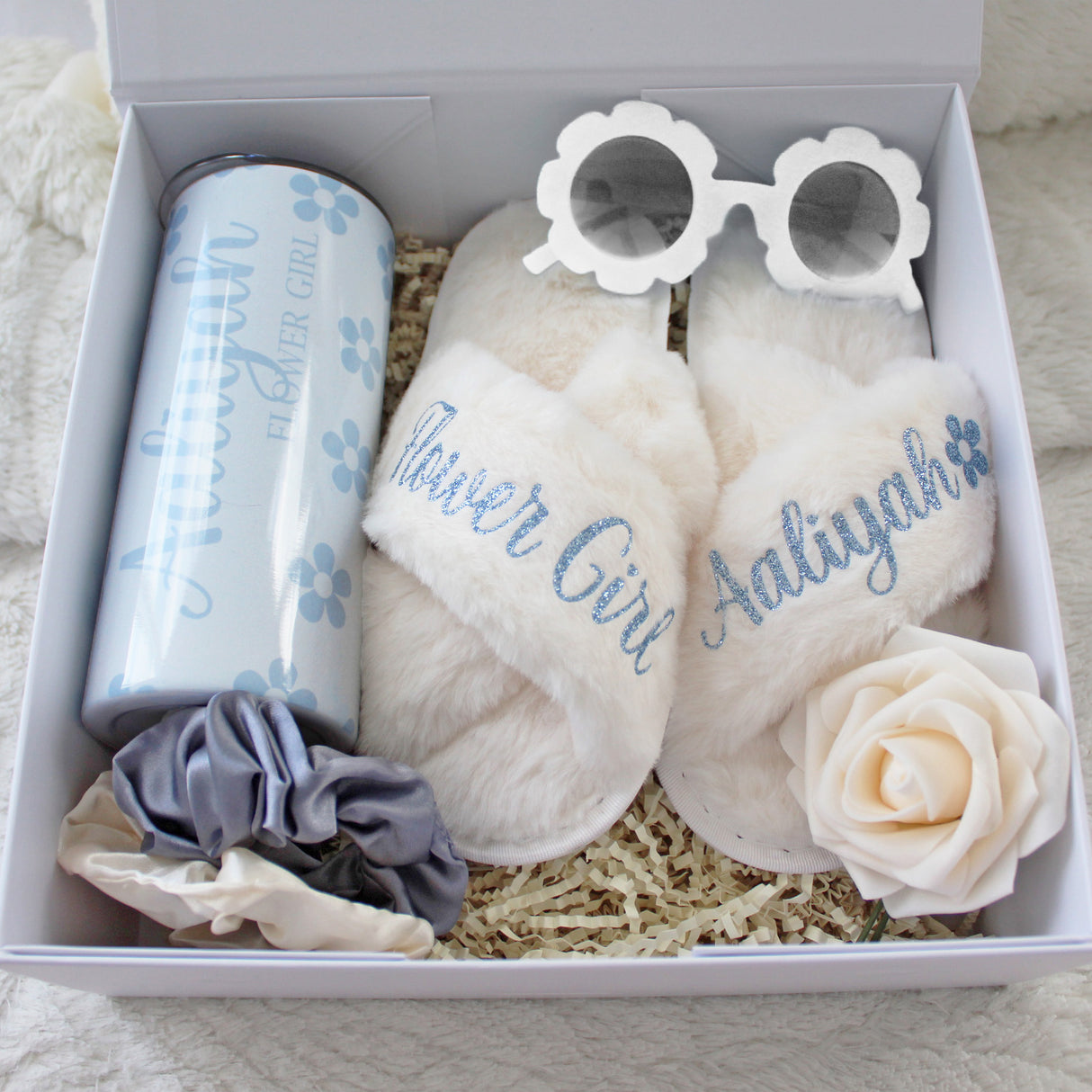 Dusty blue flower girl proposal gift box, thoughtful keepsake for flower girl proposals. Fun gifts for girls. 