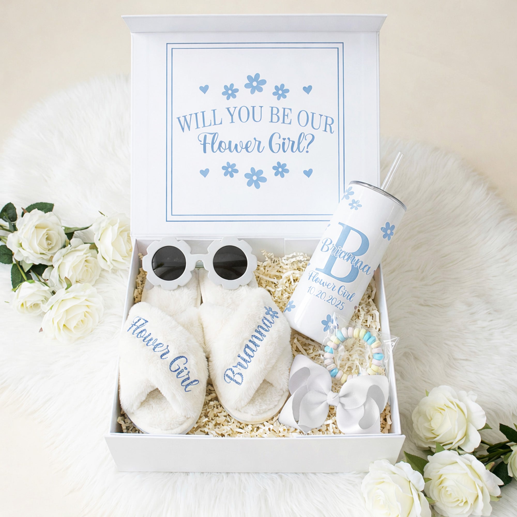 Sweet Pea Flower Girl Proposal Box with Fluffy Slippers & Tumbler